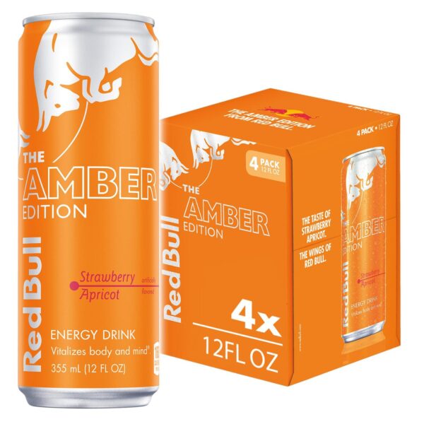 Red Bull Amber Edition Energy Drink, Strawberry Apricot, 114mg Caffeine, 12 fl oz, Pack of 4 Cans